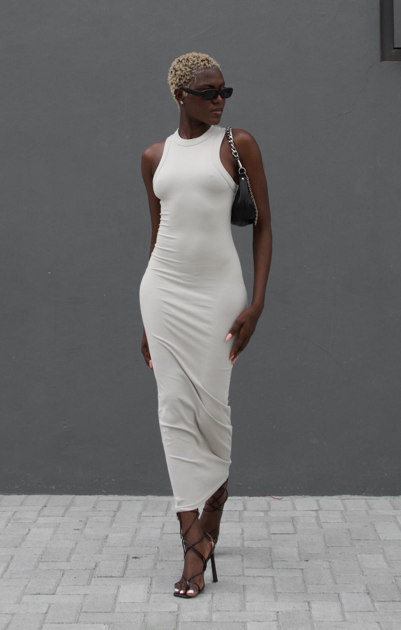 The Luxe Rib High Neck Midi Dress - Stone - M