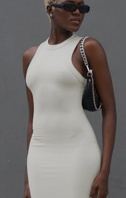 THE LUXE RIB HIGH NECK MIDI DRESS - STONE