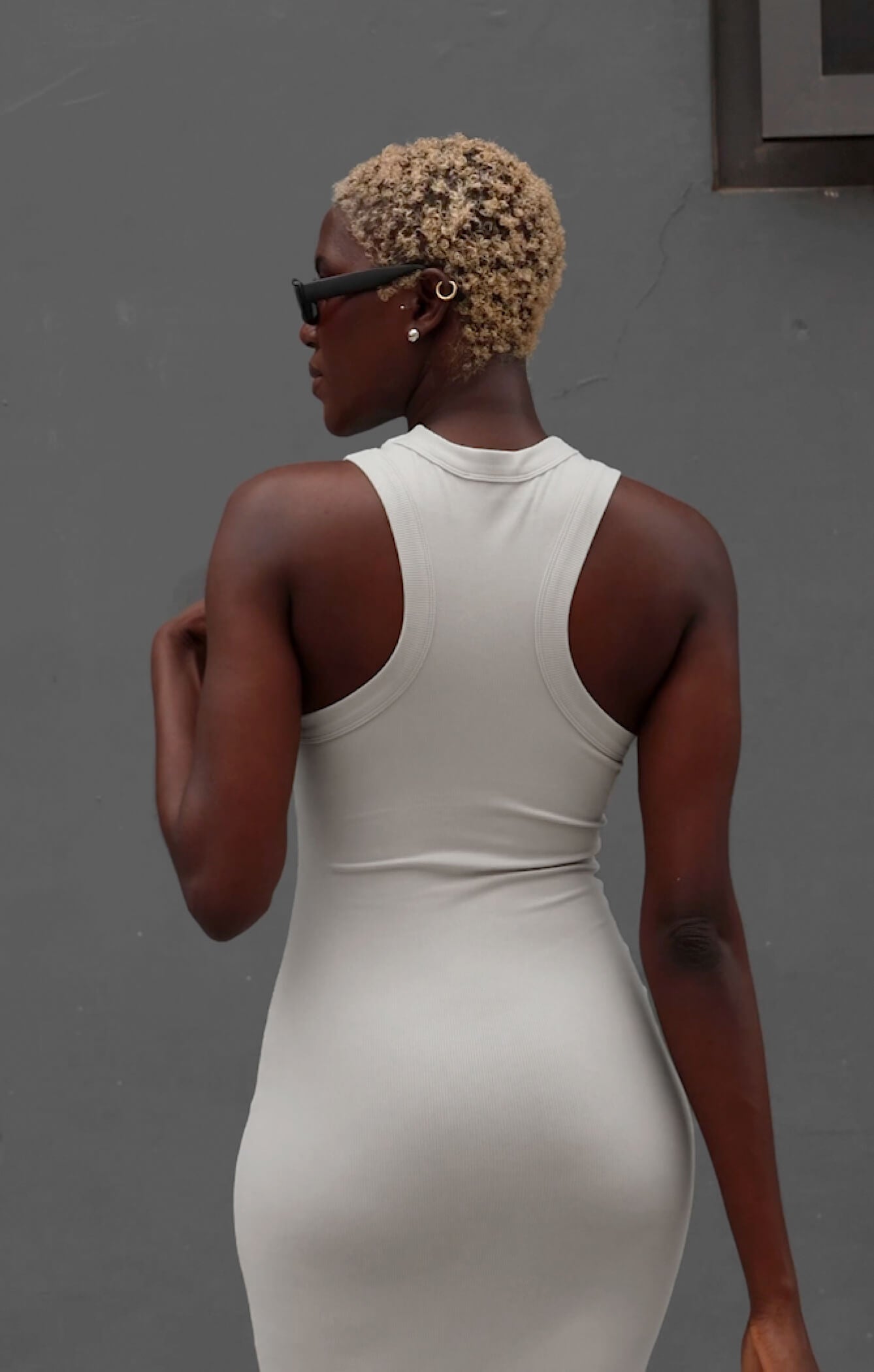 THE LUXE RIB HIGH NECK MIDI DRESS - STONE