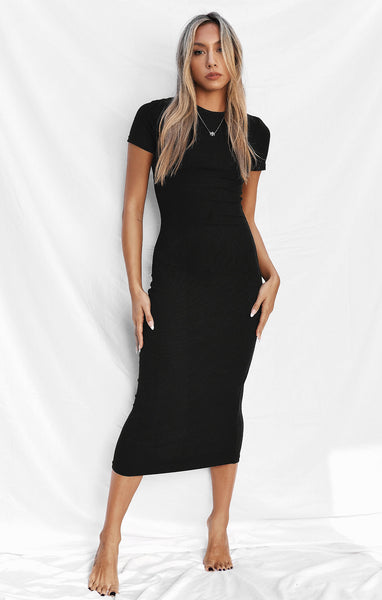 The Luxe Rib Baby Midi Dress - Black - L