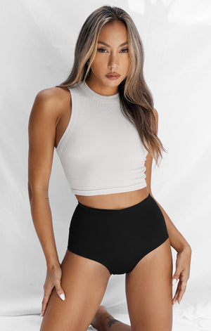 THE LUXE RIB HIGH NECK CROP - STONE