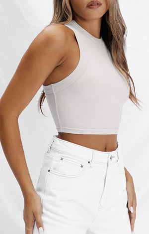 THE LUXE RIB HIGH NECK CROP - STONE