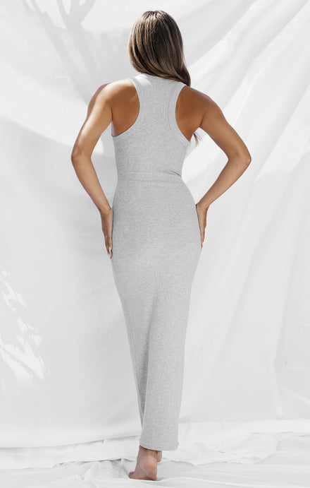 THE LUXE RIB HIGH NECK MIDI DRESS - MID GREY