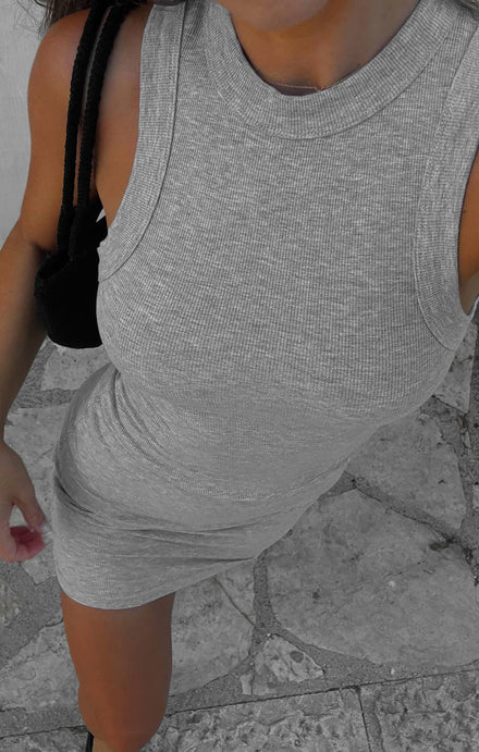 THE LUXE RIB HIGH NECK MINI DRESS - MID GREY