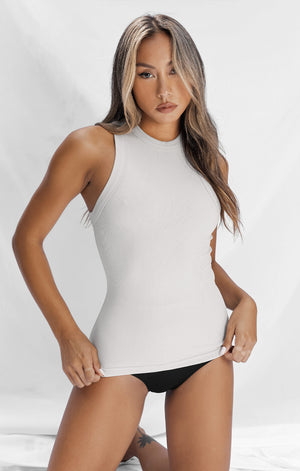 THE LUXE RIB HIGH NECK TANK - STONE