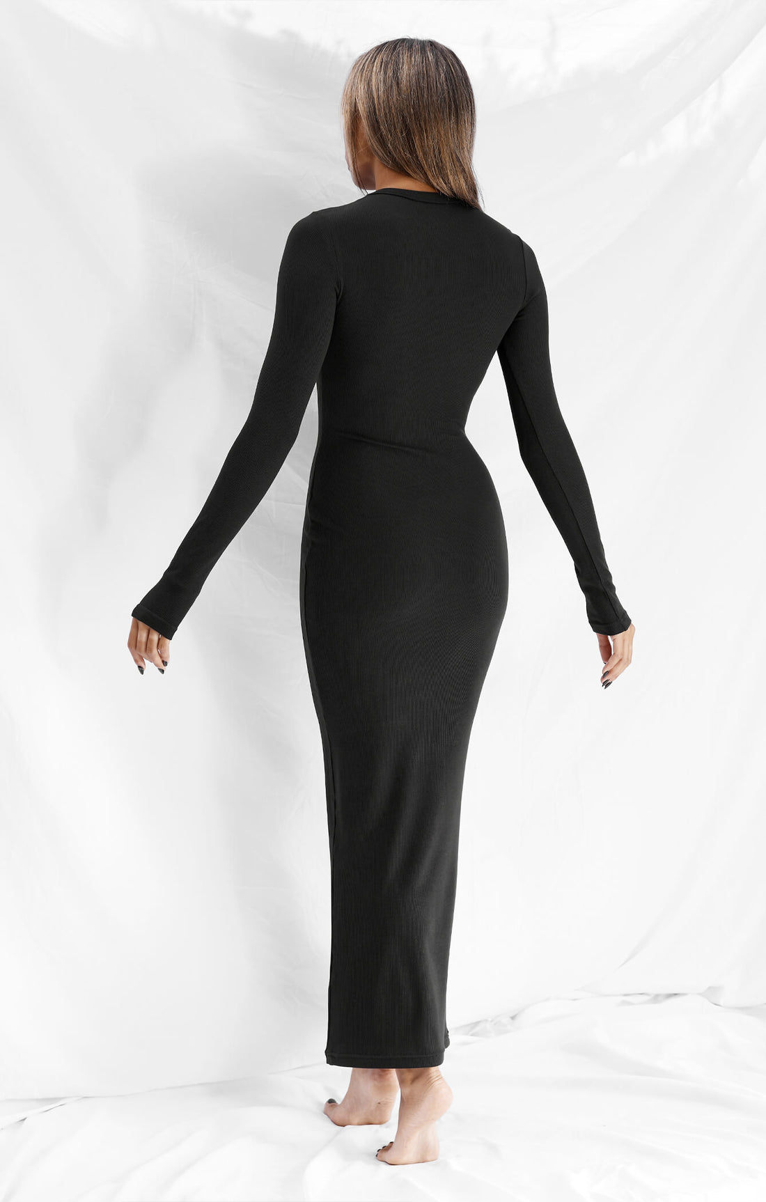 THE LUXE RIB LONG SLEEVE MIDI DRESS - BLACK
