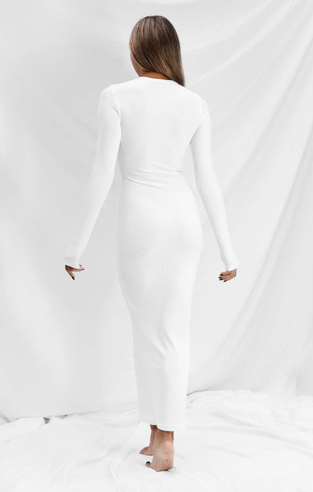 THE LUXE RIB LONG SLEEVE MIDI DRESS - WHITE