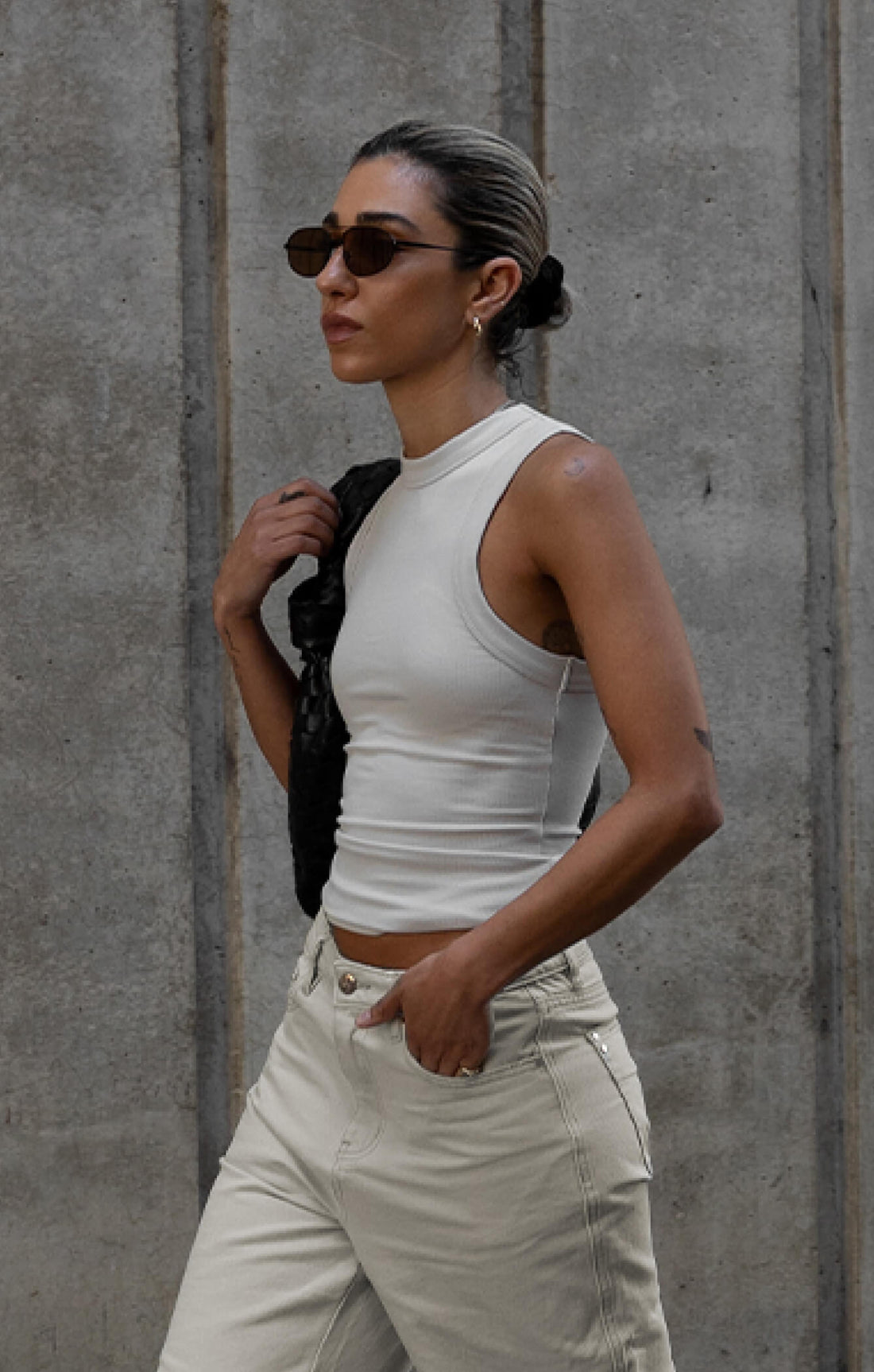 THE LUXE RIB HIGH NECK TANK - STONE
