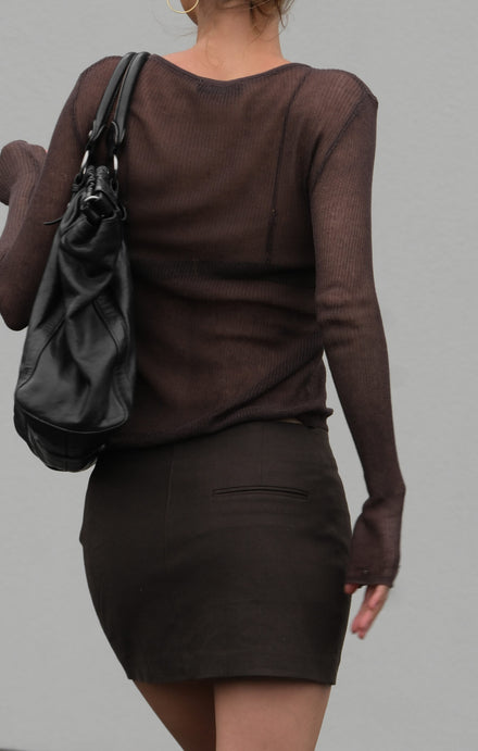 THE LINEN LOW RISE MINI SKIRT - ESPRESSO