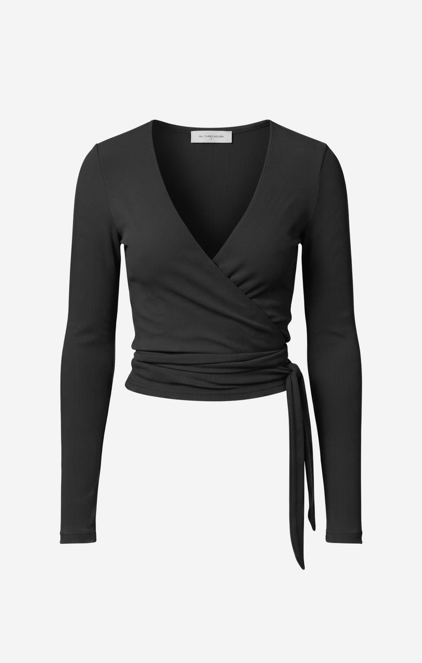 THE LUXE RIB LONG SLEEVE WRAP TOP - BLACK