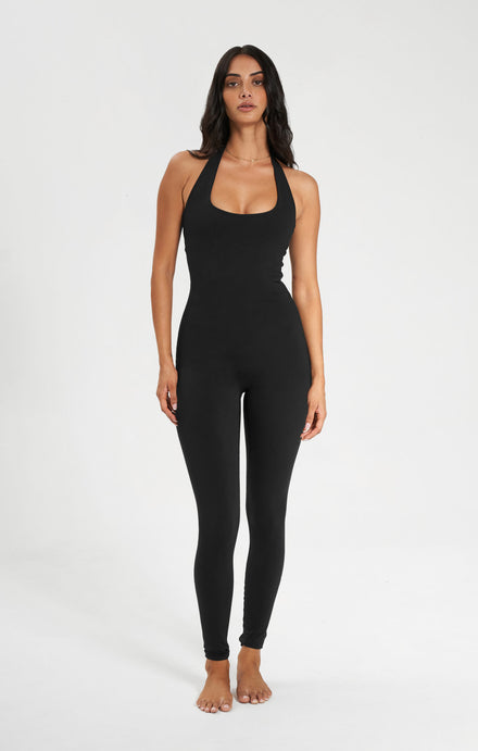THE SCULPT™ HALTER FULL LENGTH ONESIE - BUTTER BLACK