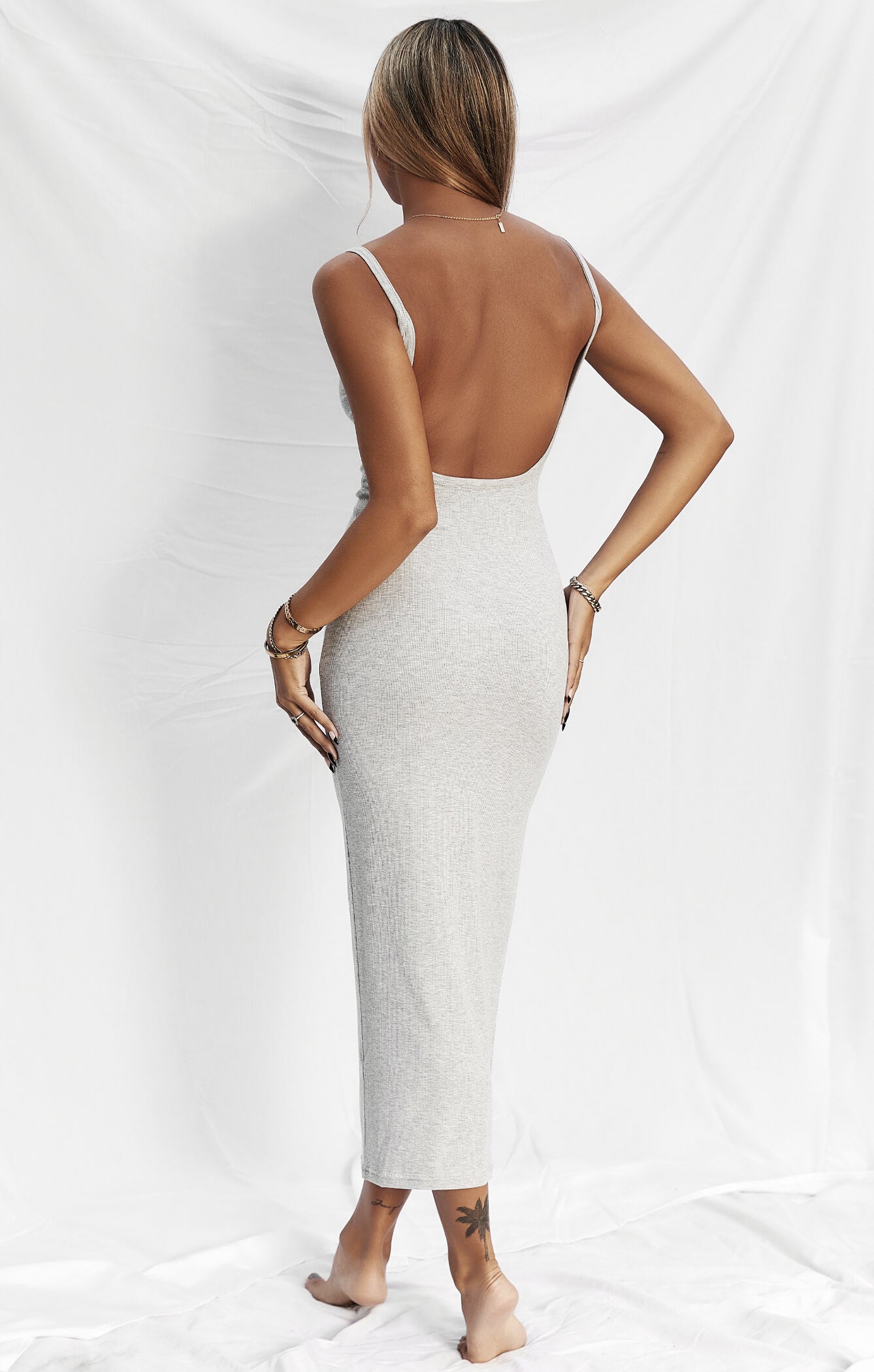 All Things Golden - The Luxe Rib Low Back Midi Dress - Mid Grey - M All Things Golden - The Luxe Rib Low Back Midi Dress - Mid Grey - M