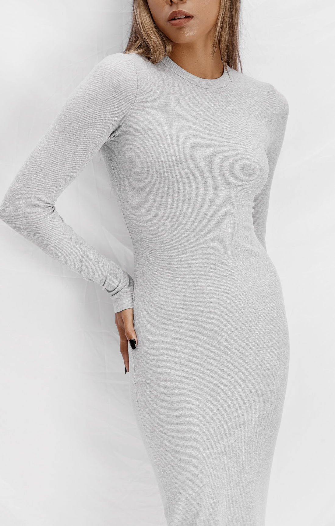 THE LUXE RIB LONG SLEEVE MIDI DRESS - MID GREY