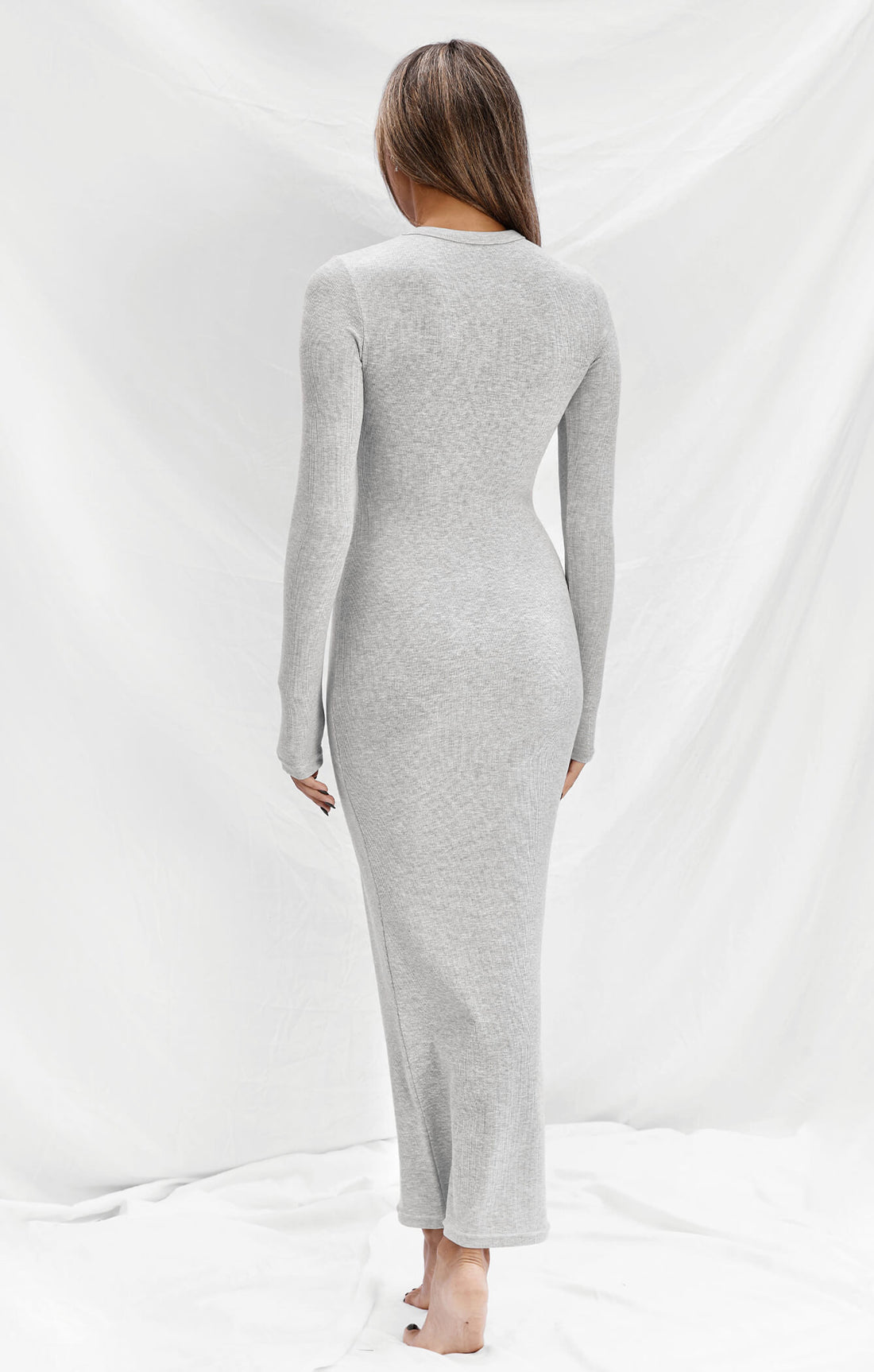 THE LUXE RIB LONG SLEEVE MIDI DRESS - MID GREY