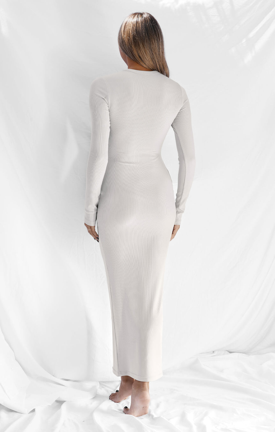 THE LUXE RIB LONG SLEEVE MIDI DRESS - STONE