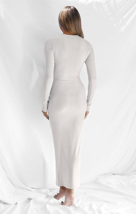 THE LUXE RIB LONG SLEEVE MIDI DRESS - STONE