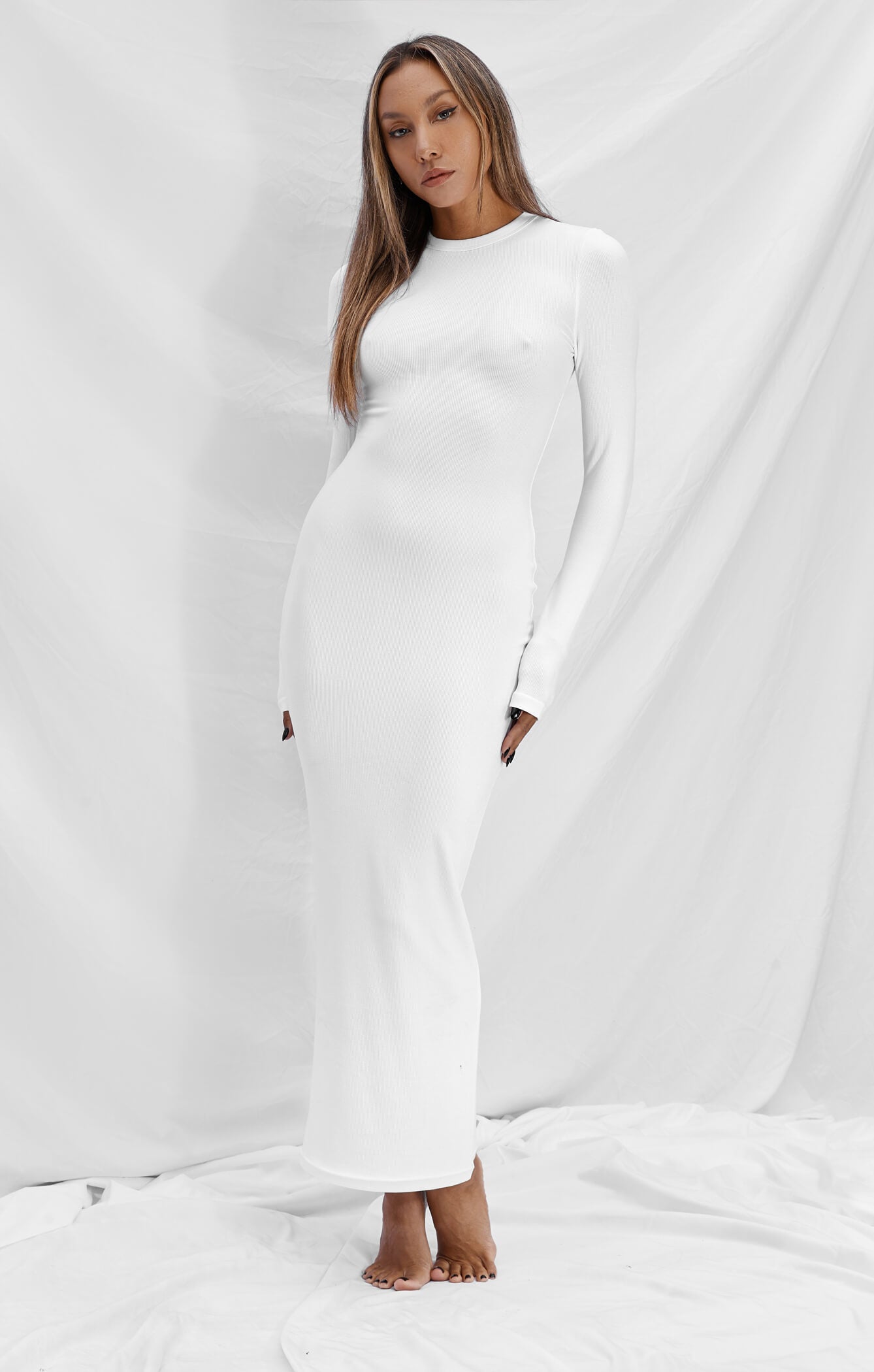 All Things Golden - The Luxe Rib Long Sleeve Midi Dress - White