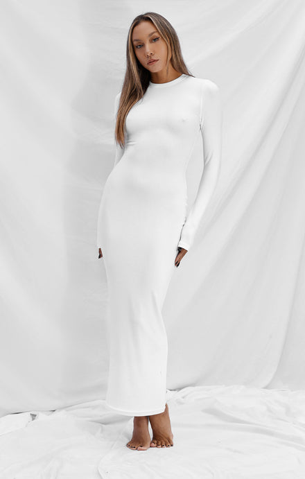 THE LUXE RIB LONG SLEEVE MIDI DRESS - WHITE